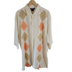 TRUST Mens Button-Up Shirt XXL Linen Blend Diamond Print Short Sleeve Resort